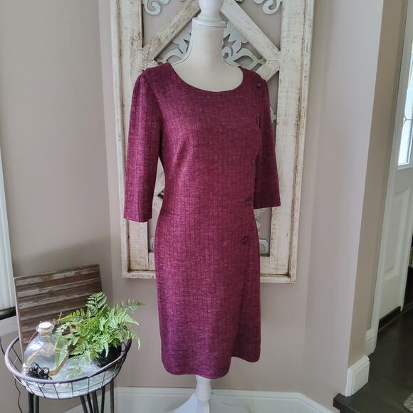 Connected Apparel Asymmetric Button Detail Ribbed Knit Shift Midi Dress Burgundy - Picture 1 of 6